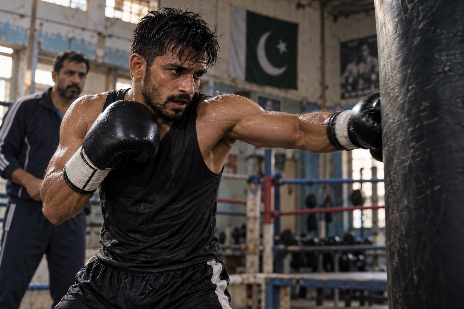 A Pakistani man practicing boxing in a gym