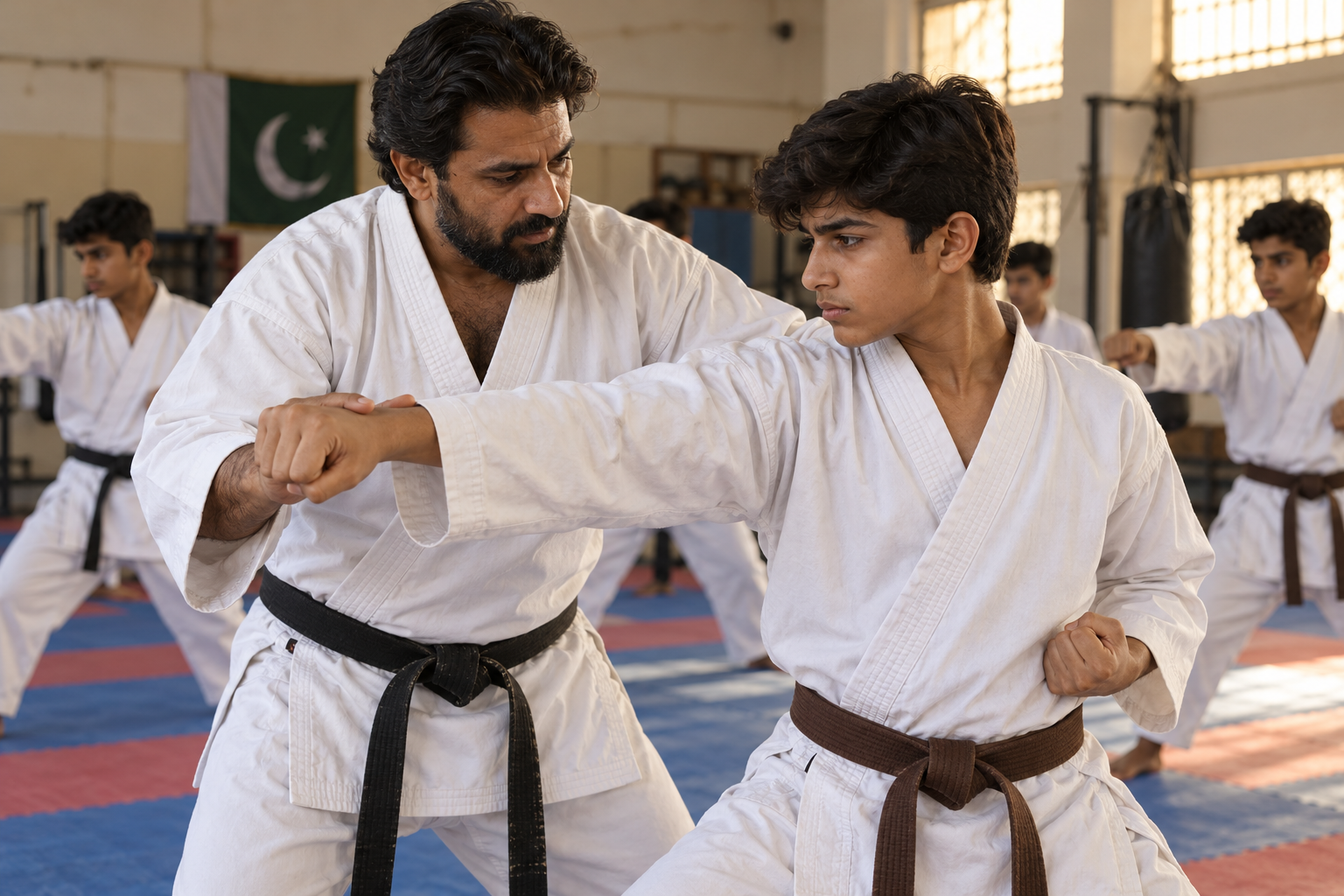 A Pakistani male instructor coaching a teenage boy in karate