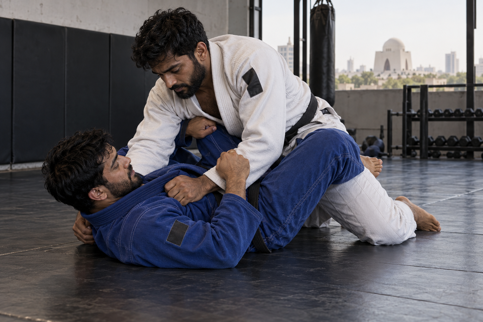 Pakistani and Indian men practicing grappling in martial arts uniforms