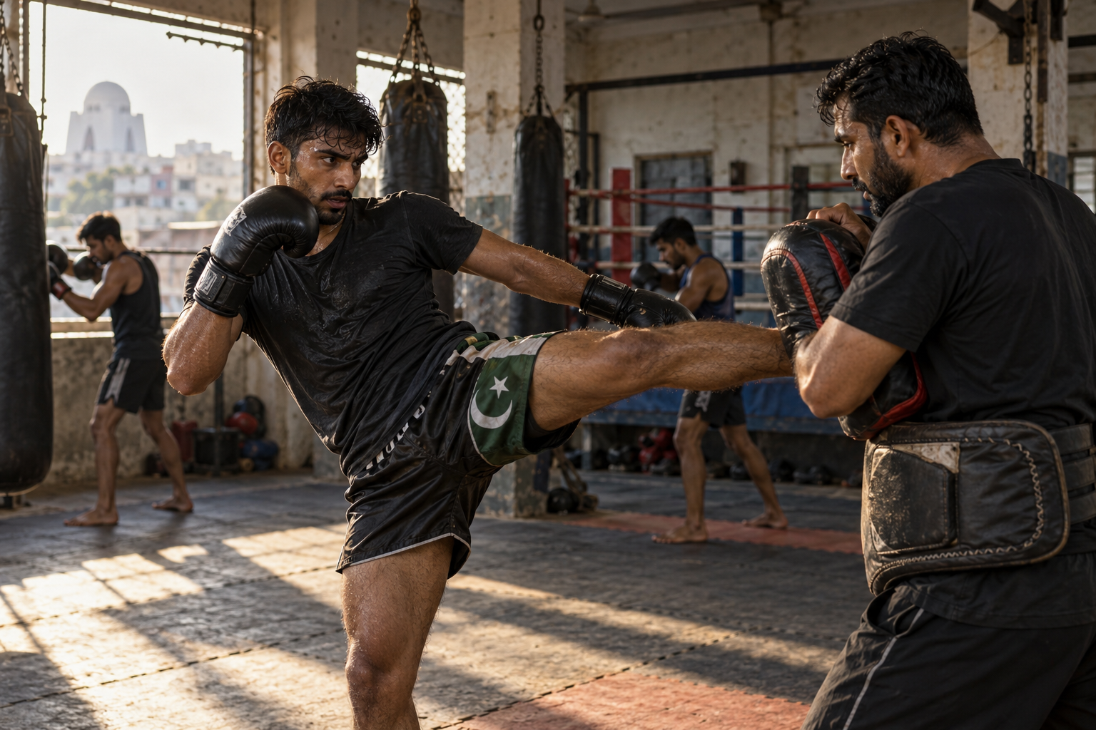 Pakistani men practicing kickboxing in a training gym