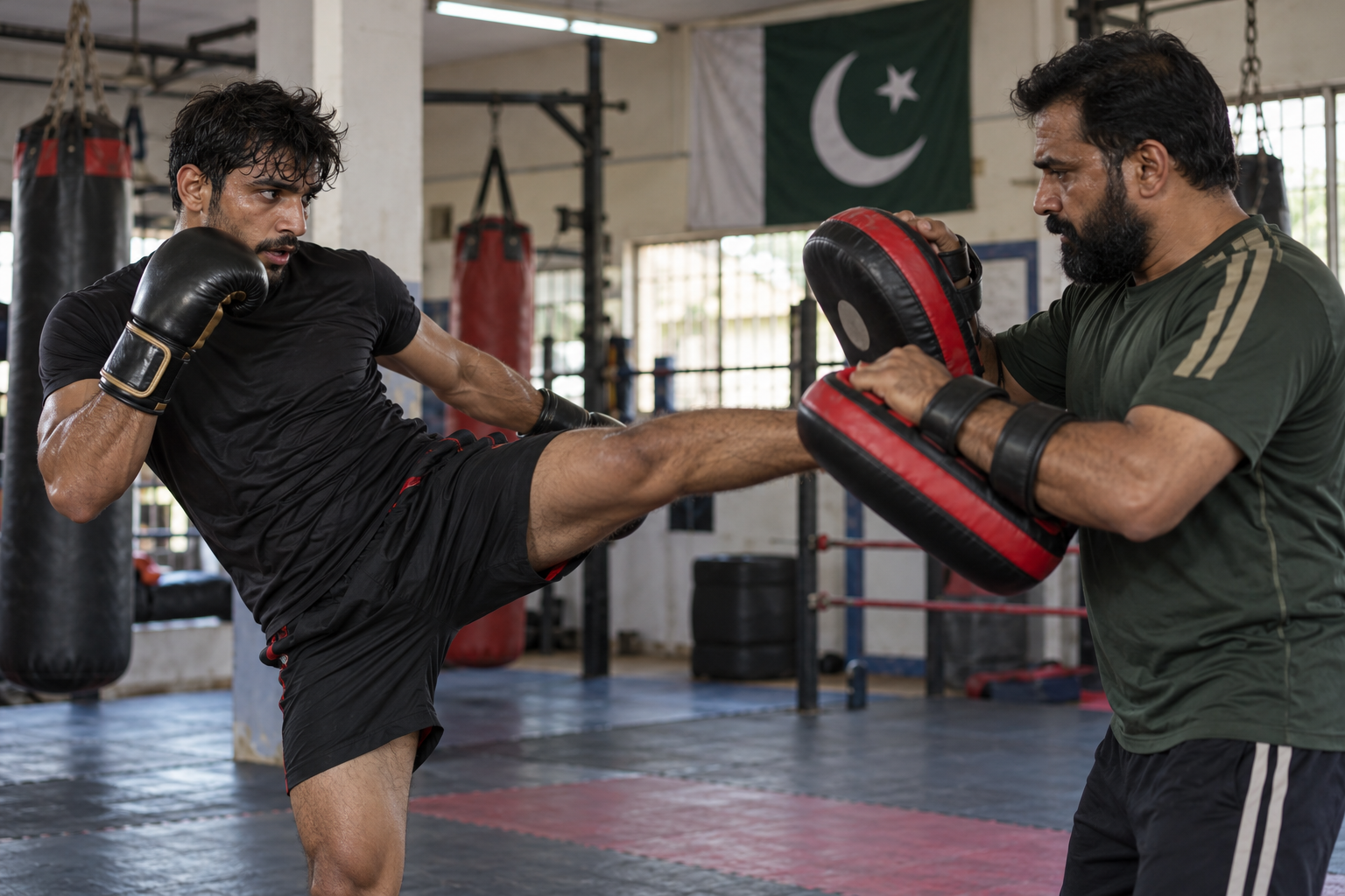Pakistani and Indian men training in kickboxing with focus pads
